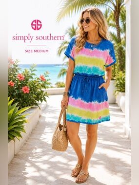 NWT Simply Southern Tie Dye Dress Medium Pockets Drawstring Waist Colorful